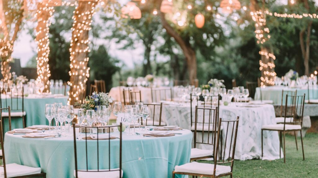 A table set up for a wedding.