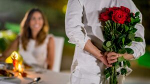 Surprising a wife with a bouquet of flowers.