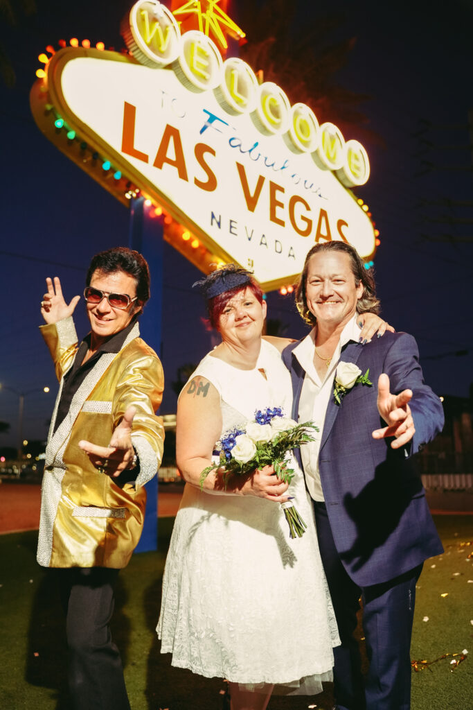 A couple with Elvis impersonator; Elvis-inspired weddings