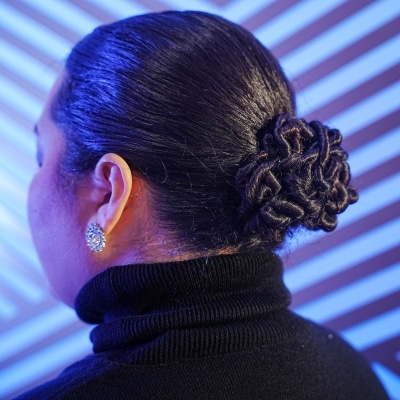 Hair Twisted and Braided into an Intricate Bun