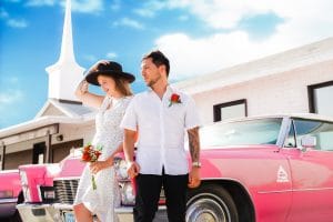 Married Couple with Vintage Car at the Little Vegas Chapel