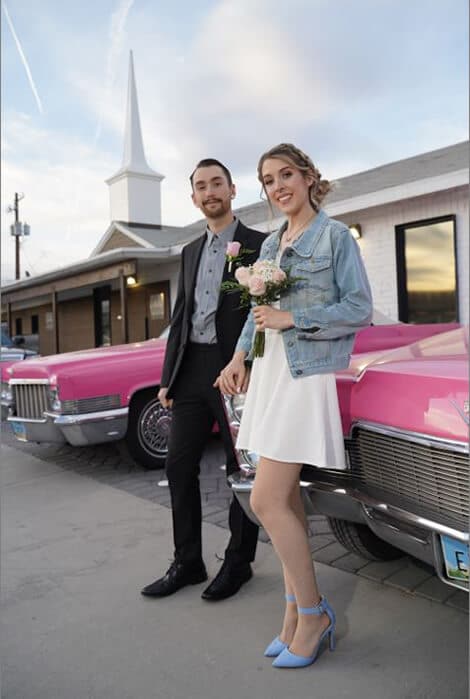 Just Married Couple at Wedding at The Little Vegas Chapel with Vintage Cars
