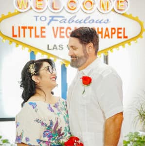 A lovely couple posing for a photoshoot at The Little Vegas Chapel